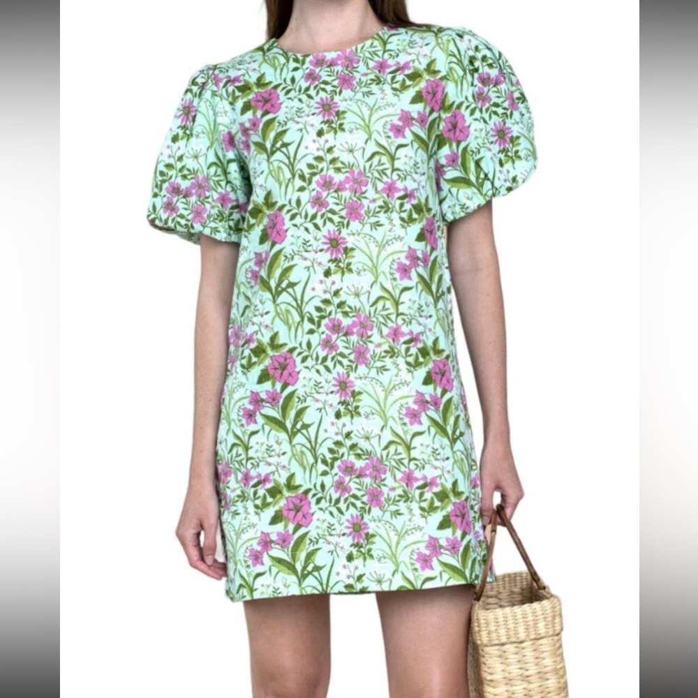 Olivia James the Label Floral Linen Mini Dress in Green and Pink